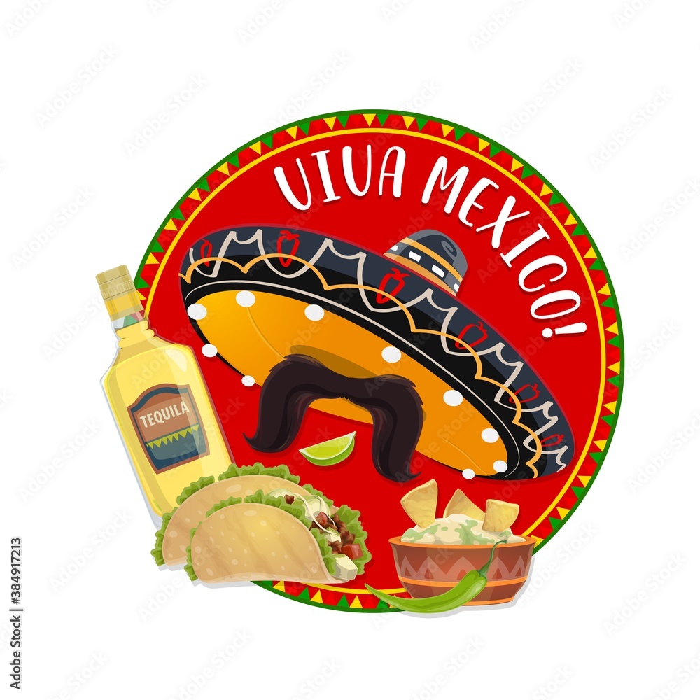 Mexican sombrero and mustache, Viva Mexico vector design. Festive hat ...