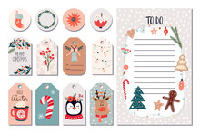 Christmas Stickers Set, Winter Tags/hanged Labels And To Do List With Cute Seasonal Elements, Template For Notebook And Stationery, Hand Drawn Design