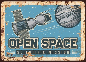 Wall Mural - satellite open space scientific mission vector rusty metal plate. deep cosmos exploration, sputnik f
