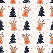 Christmas Seamless Pattern With Reindeer And Christmas Tree, Hand Drawn Elements, Winter Design