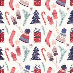 Wall Mural - winter seamless pattern with cute elements, cozy clothes, candies, pine branches and gift boxes, sea