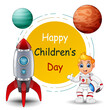Happy Children's Day with astronaut boy and planet on frame