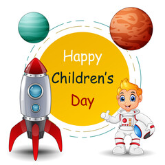 Wall Mural - Happy Children's Day with astronaut boy and planet on frame