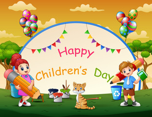 Happy children's day poster with school kids in the park