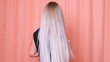 © Евгения Медведева - Beautiful healthy long straight blonde hair close-up. Dyed white blond hair background, coloring, extensions, cure, treatment concept