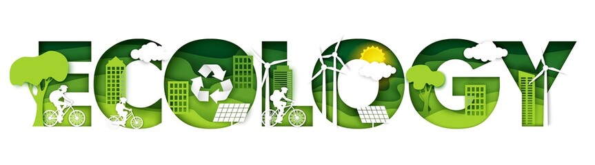 Ecology word with paper cut family characters riding bicycles with backpacks, eco friendly city, solar panels, windmills. Vector illustration in paper art style. Ecology typography banner template.
