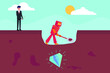 © Creativa Images - Artificial intelligence robot vector concept: Businessman controlling a robot to mine a diamond on the dirt