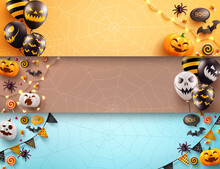 Set Of Halloween Poster And Banner Template With Scary Air Balloons And Halloween Element..Blank Banner For Halloween Concept.Website Spooky Or Banner Template