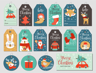 Wall Mural - set of merry christmas tags with hand drawing elements. vector