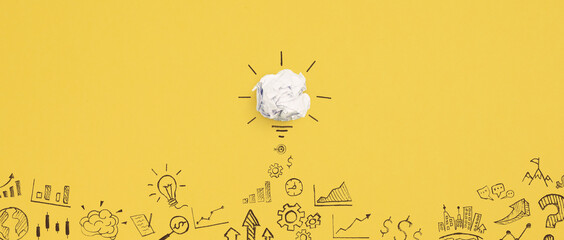 Wall Mural - Creative idea with crumpled paper light bulb, Concept of idea, innovation, Inspiration and solution
