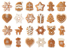 Set Of Different Christmas Cookies On White Background