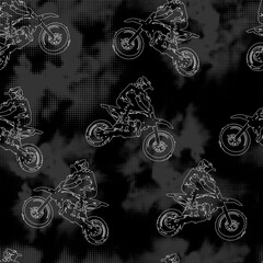 Seamless sport pattern with motocross. Abstract background with man on motorcycle.