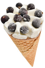 Ice Cream In A Waffle Cone With Currant Berries Isolated