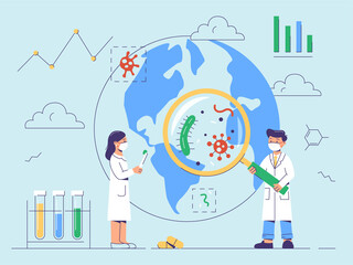 Epidemiology vector illustration. Research of pathogenic microorganisms, tiny bacteria pandemic outbreak.