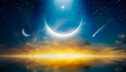 Wall Mural - amazing image with beautiful glowing sunset, dramatic eclipse, rising crescent moon, bright stars an