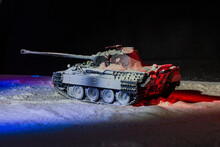 Model Of A German Panther Medium Tank Abandoned By The Crew In Winter Camouflage In The Snow