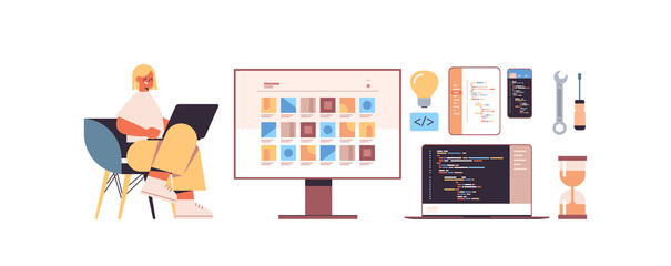 Wall Mural - female web developer using laptop creating program code development of software and programming icon