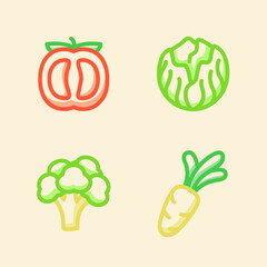 Vegetable icon set collection tomato cabbage brocolli radish white isolated background with stroke color outline style