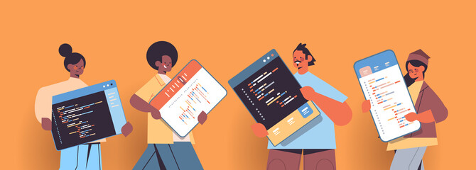 Wall Mural - mix race web developers creating program code development of software and programming concept portra