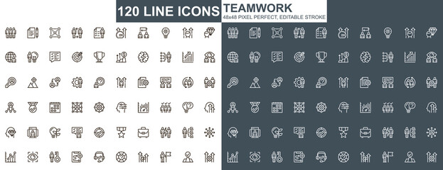 Fototapete - Teamwork thin line icons set. Corporate partnership and business team collaboration unique design icons. Businessman cooperation outline vector bundle. 48x48 pixel perfect linear pictogram pack.
