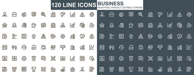 Leinwandbilder - Business thin line icons set. Business development and investment strategy unique design icons. Financial audit and accounting outline vector bundle. 48x48 pixel perfect linear pictogram pack.