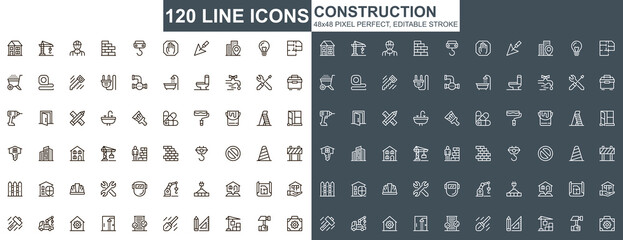 Poster - Construction thin line icons set. Construction site workflow and management unique design icons. Machinery and building equipment outline vector bundle. 48x48 pixel perfect linear pictogram pack.