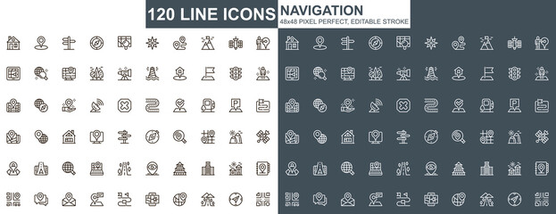 Navigation thin line icons set. Destination and route tracking unique design icons. Geolocation and positioning, GPS navigation outline vector bundle. 48x48 pixel perfect linear pictogram pack.