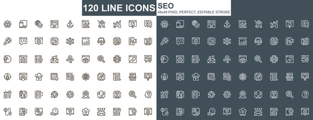 Aufkleber - Seo optimization thin line icons set. Content analysis, online marketing and research unique design icons. Search engine optimization outline vector bundle. 48x48 pixel perfect linear pictogram pack.