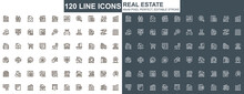 Real Estate Thin Line Icons Set. Commercial And Residential Building, Mortgage And Rent Services Unique Icons. Real Estate Agency Outline Vector Bundle. 48x48 Pixel Perfect Linear Pictogram Pack.