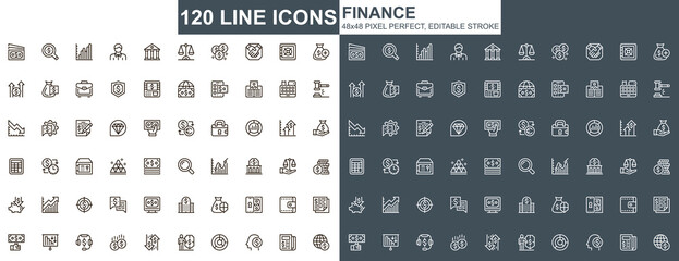 Leinwandbilder - Finance thin line icons set. Online banking, capital investment unique design icons. Financial deposit, payment and exchange currency outline vector bundle. 48x48 pixel perfect linear pictogram pack.