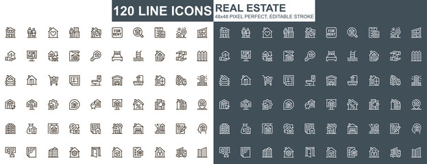 Poster - Real estate thin line icons set. Commercial and residential building, mortgage and rent services unique icons. Real estate agency outline vector bundle. 48x48 pixel perfect linear pictogram pack.