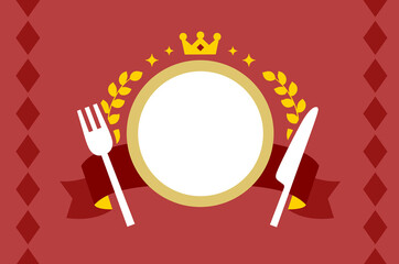 Simple gourmet ranking background material in red and yellow. Fork and knife.