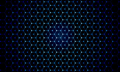 Poster - abstract dark blue background with hexagons. Dots and lines in hexagons pattern with gradient.