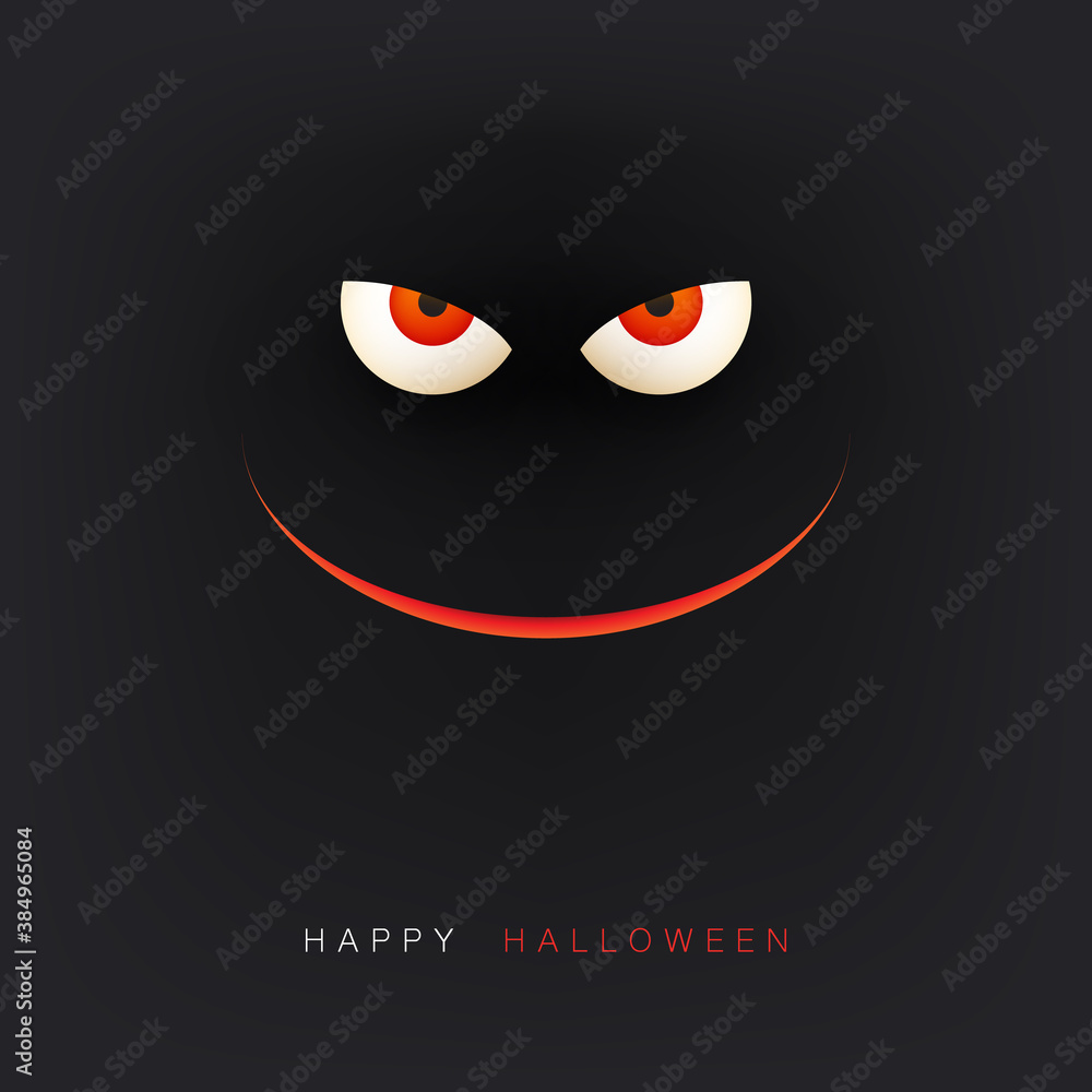 Happy Halloween Card Template - Creepy Face with Glowing Eyes and Scary Smile in the Dark - Vector Illustration - obrazy, fototapety, plakaty 