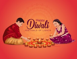 happy Diwali greetings vector illustration. illustration of children's making Rangoli and diya decoration. 