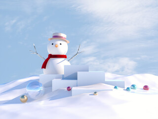 Aufkleber - Winter Christmas scene with White podium and snow man for product display. 3d render.