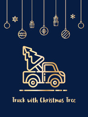 Car and Christmas tree icon with christmas ornament elements hanging background.