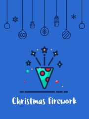 Wall Mural - Christmas firework celebration icon with christmas ornament elements hanging background.