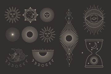 set of decorative tarot cards. vintage retro vintage engraving style. the sun, moon phases, crystals