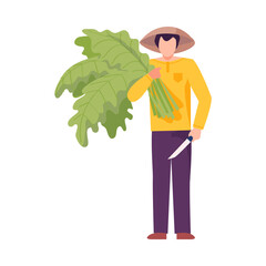 Sticker - Asian Male Farmer Holding Green Leaves as Agricultural Crop Vector Illustration