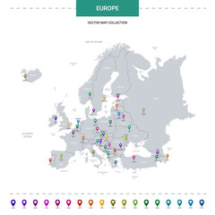 Wall Mural - europe map with location pointer marks. infographic vector template, isolated on white background.