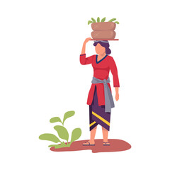 Sticker - Asian Female Farmer Carrying Wicker Basket on Her Head Vector Illustration