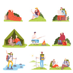 Poster - People Characters with Backpacks Hiking and Camping Vector Illustration Set