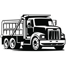 Dump Truck Car Vector On Black And White Background, Dump Truck Silhouette