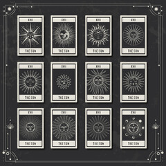 Set of decorative tarot cards. Vintage retro vintage engraving style. the sun, moon phases, crystals, magic symbols. print in the interior and design. vector graphics