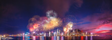 Panorama View Of Hong Kong Fireworks Show In Victoria Harbor
