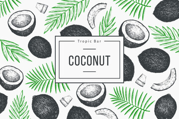 Coconut with palm leaves design template. Hand drawn vector food illustration. Engraved style exotic plant. Retro botanical tropical background.