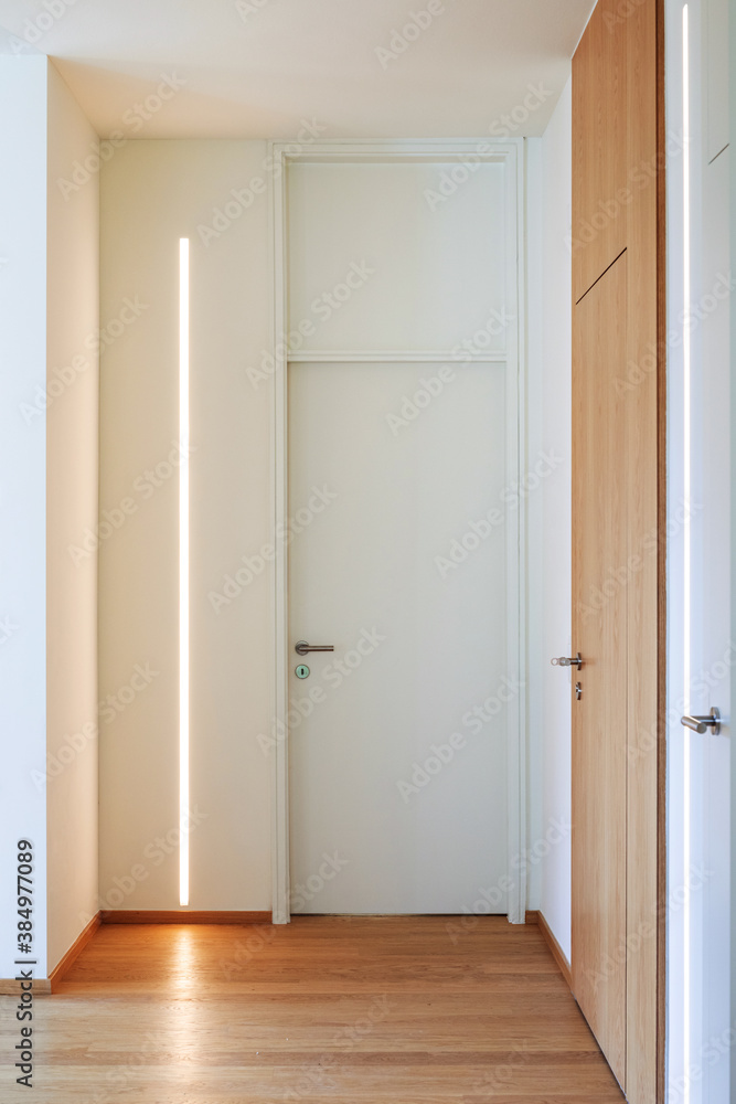 Corridor detail with door and led strip. Minimal apartment - obrazy, fototapety, plakaty 