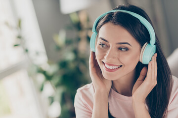 Canvas Print - Close-up portrait of her she nice attractive pretty cute charming peaceful cheerful brown-haired girl wearing blue headset listening soul sound staying home apartment