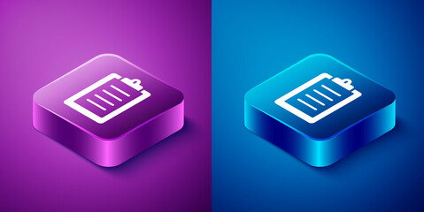 Isometric Sport training program or fitness plan icon isolated on blue and purple background. Square button. Vector.